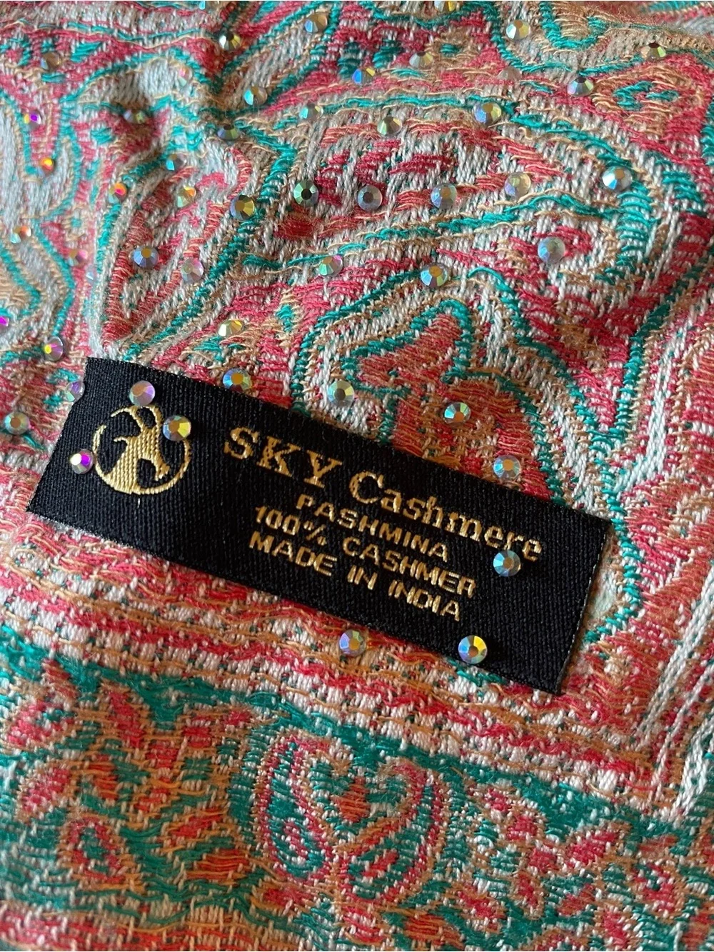 Sky Cashmere 100% Cashmere Scarf Wrap | Boho Paisley Embellished Fringe Shawl
